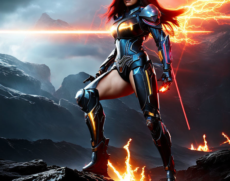 Female warrior in futuristic armor on rocky terrain with stormy sky.