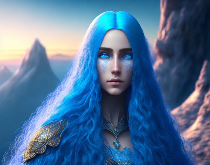 Digital artwork: Female figure with vibrant blue hair, sparkling skin, and striking eyes against mountainous backdrop