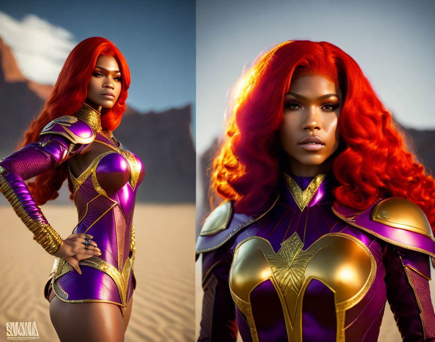 Vibrant red-haired woman in purple and gold superhero costume in desert setting