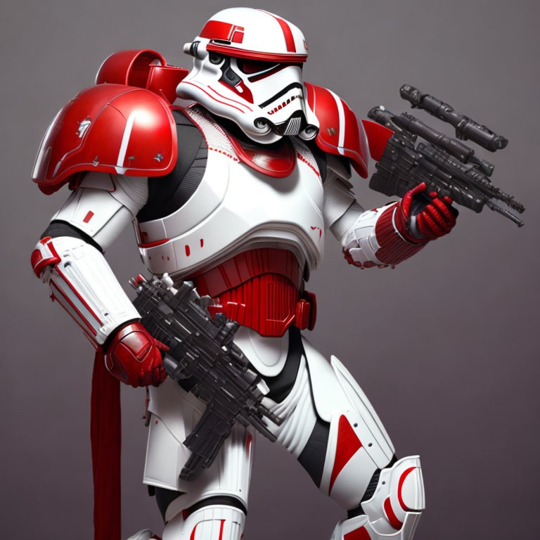 Detailed Red and White Armored Stormtrooper with Dual Blasters