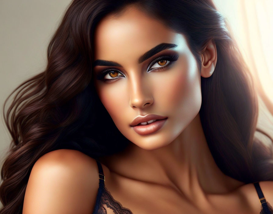 Detailed Digital Portrait of Woman with Dark Hair and Striking Brown Eyes