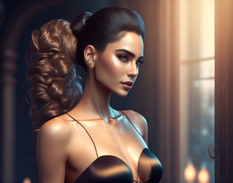 Digital illustration of woman with sleek bun hairstyle, braided detail, black dress, earrings, by window