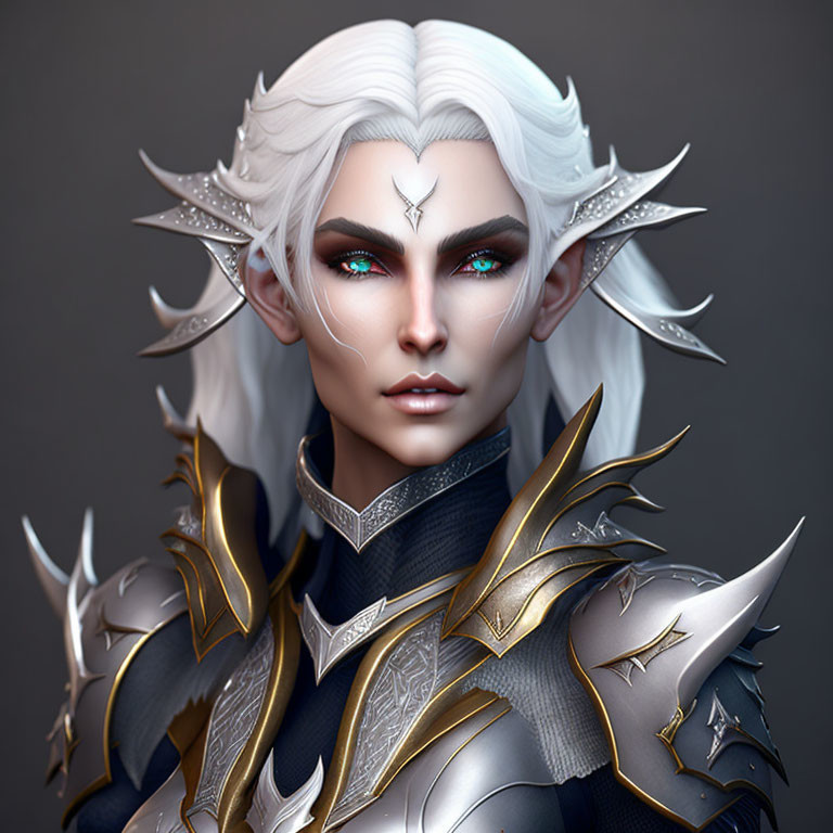 Elf with White Hair, Blue Eyes & Elaborate Armor in 3D Illustration