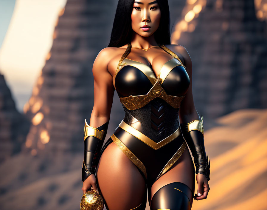 Confident woman in black and gold superhero costume in desert landscape