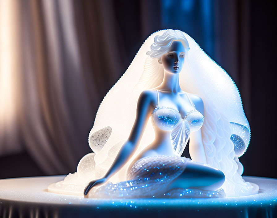 Translucent sculpture of seated woman with bridal veil on dark backdrop