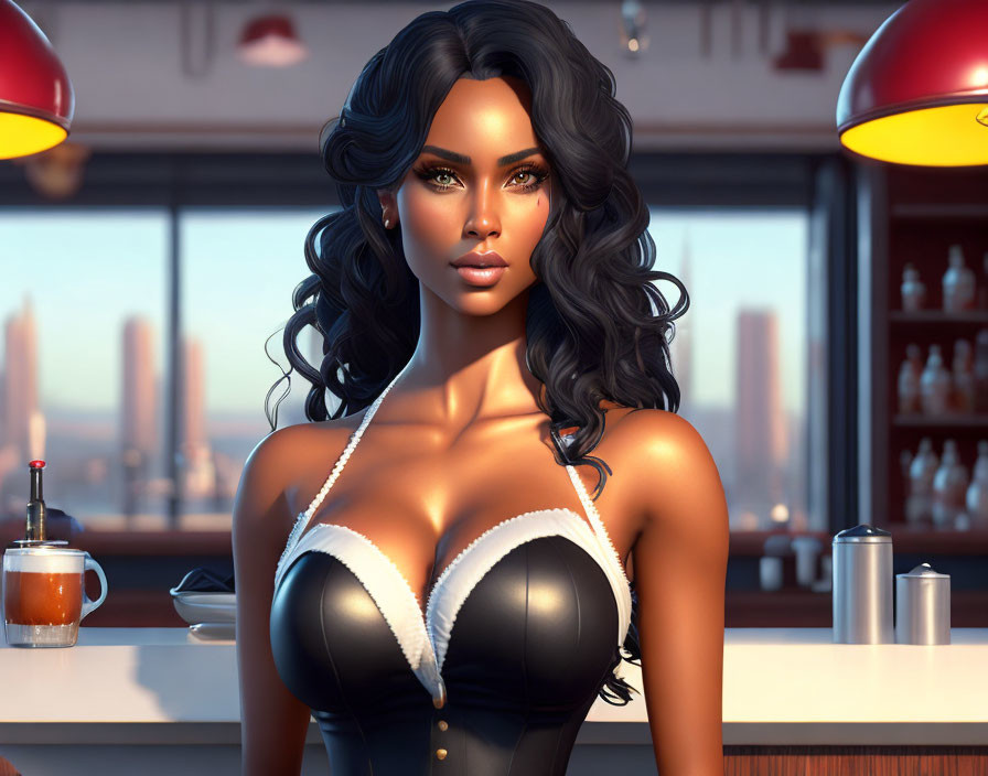 Stylized digital art of a woman with black hair at a bar with cityscape view