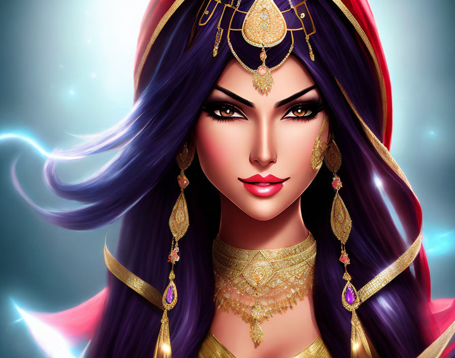 Illustrated female character with long purple hair, golden jewelry, and mystical blue background