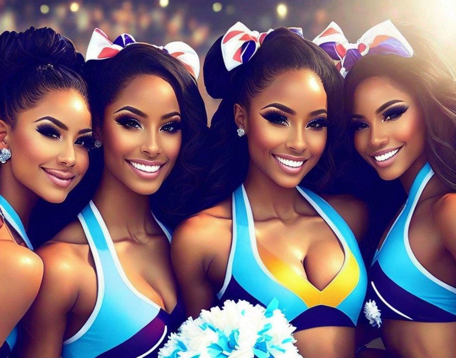 Four Cheerleaders in Matching Uniforms with Pom-Poms and Elaborate Hairstyles