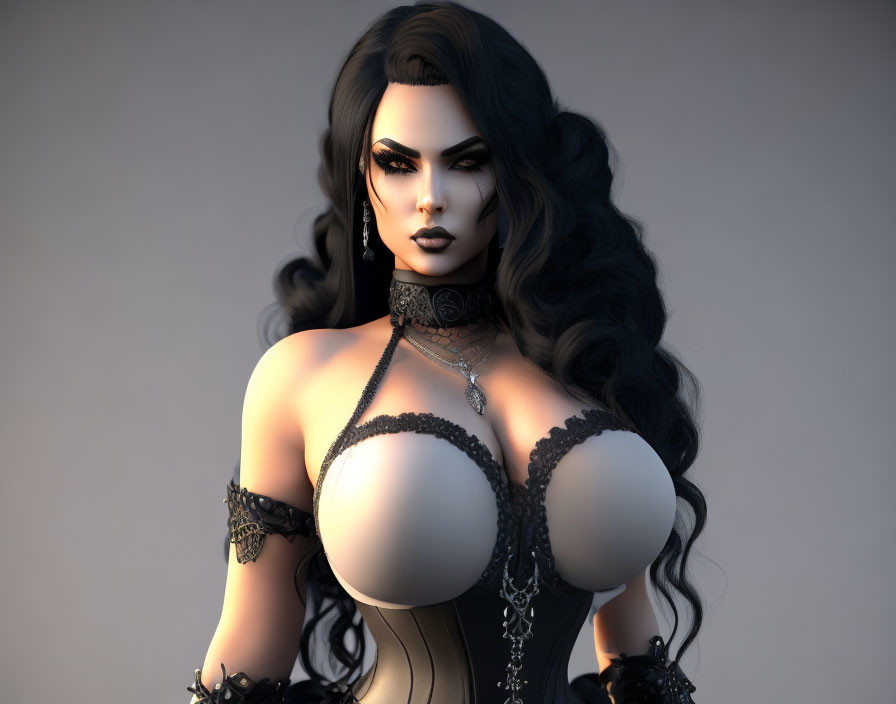 Female character with voluminous black hair, dramatic makeup, choker, and revealing dark outfit.