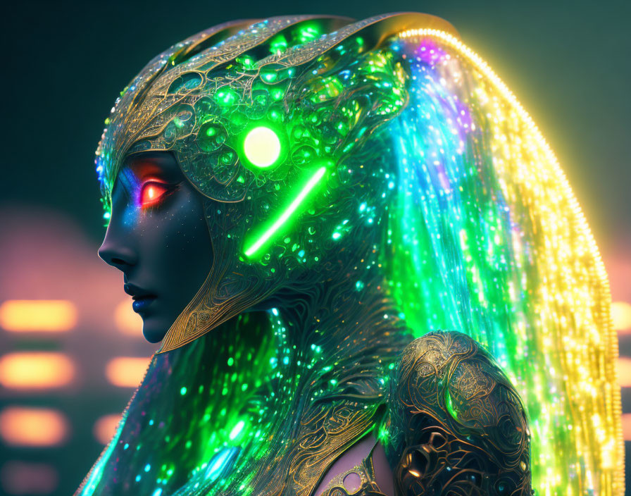 Futuristic female figure with glowing ornate helmet and illuminated fibers on neon-lit backdrop