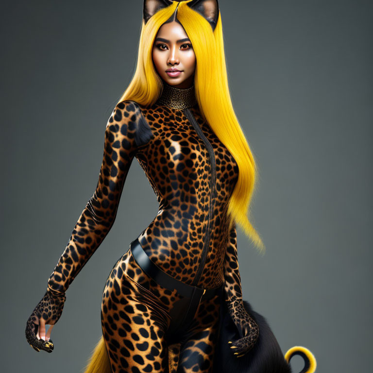 Yellow-haired woman in cat costume with leopard print and tail on gray background