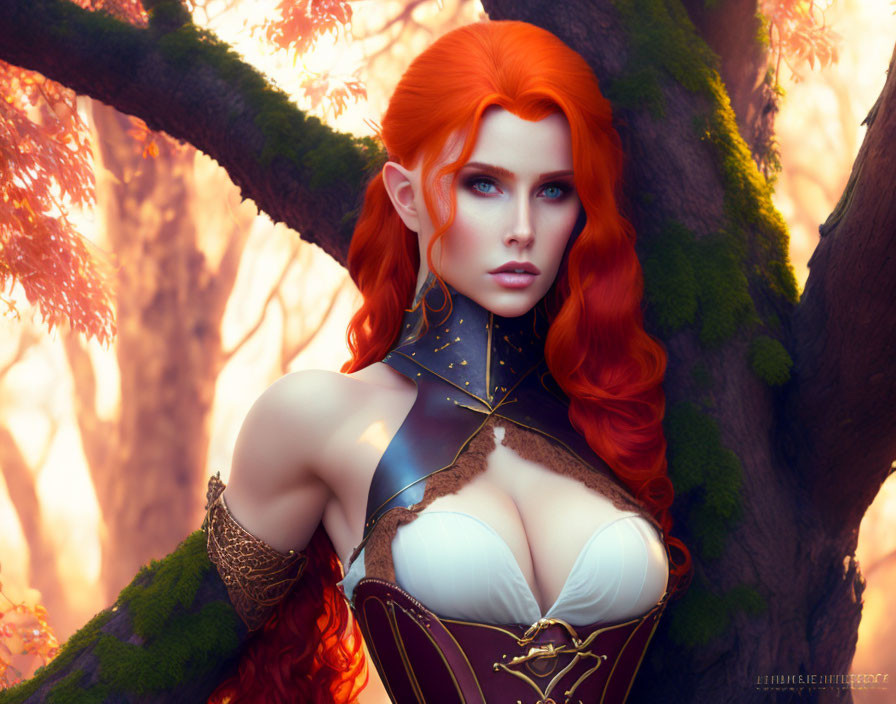 Digital Illustration: Woman with Red Hair in Fantasy Armor in Autumn Forest