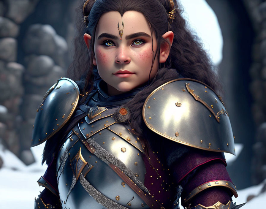 Fantasy female character in intricate armor with pointed ears, snowy backdrop