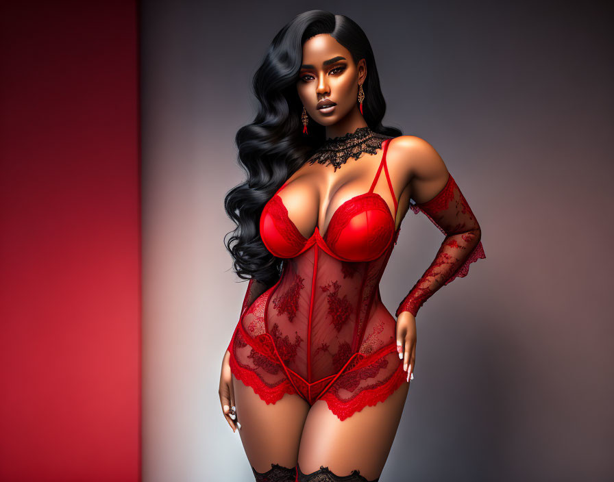 Digital 3D illustration of woman in red lace lingerie on gradient background