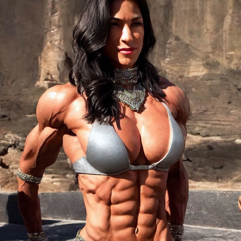 Muscular woman with defined abs and toned arms in silver sports top and jewelry.