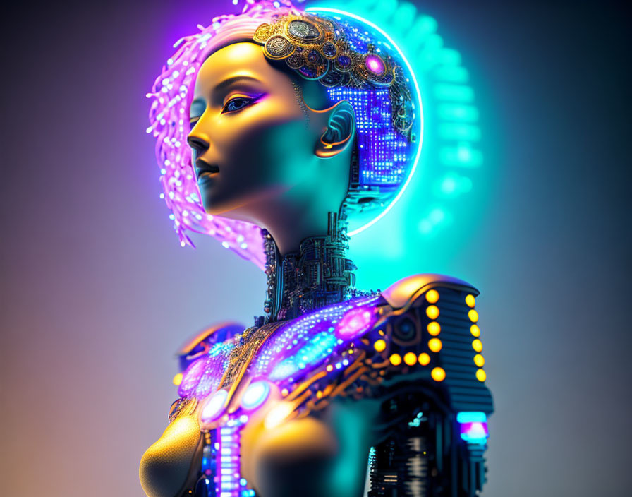 Futuristic female android with open head and neon-lit circuitry.