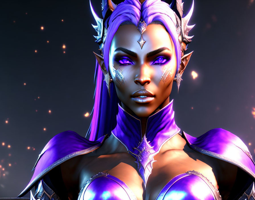 Purple-skinned female fantasy character with silver adornments