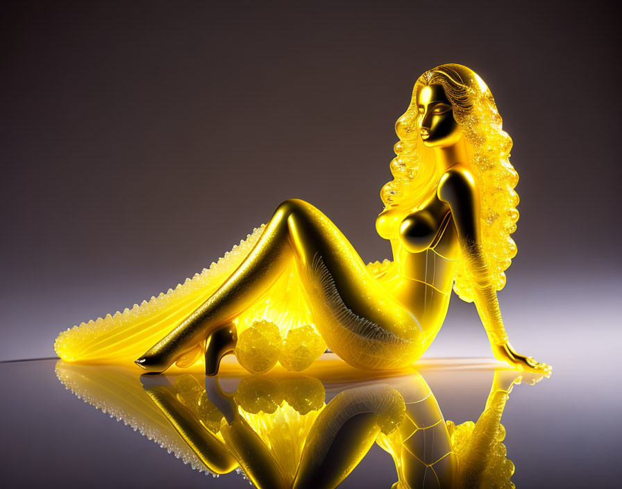 Golden luminescent female figure reflecting on glossy surface