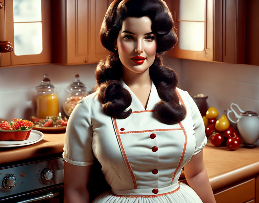 Vintage kitchen illustration: Woman with voluminous hair in retro style