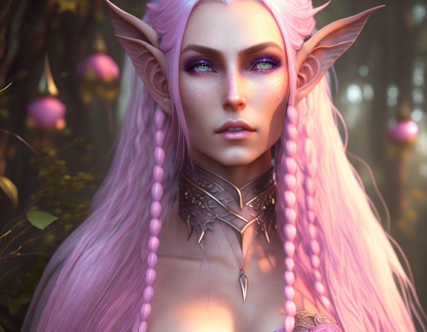 Fantasy elf with sharp ears, purple eyes, and pink hair in enchanted forest