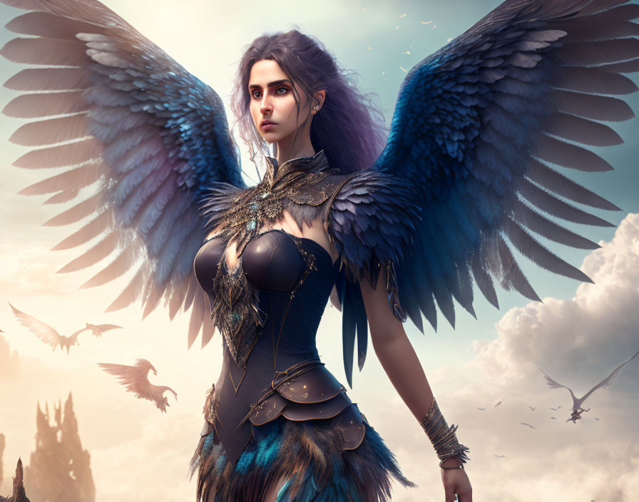 Digital artwork featuring woman with large blue wings in dark fantasy armor against cloudy sky.