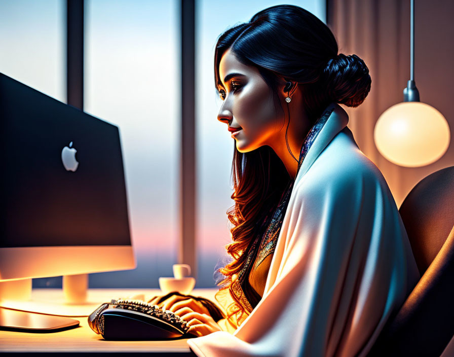 Woman at desk with Apple computer under lamp and sunset view.