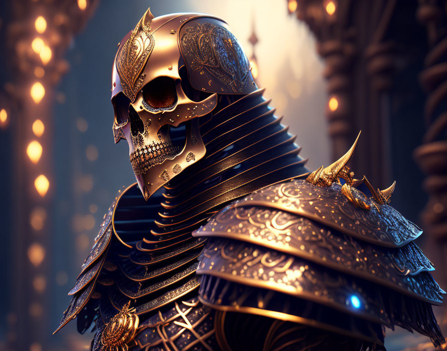 Intricate skull-headed armor with gold details in grand setting