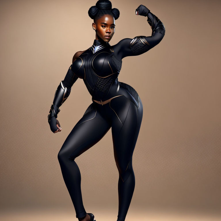 Black Superhero Woman in Sleek Costume Poses on Beige Background