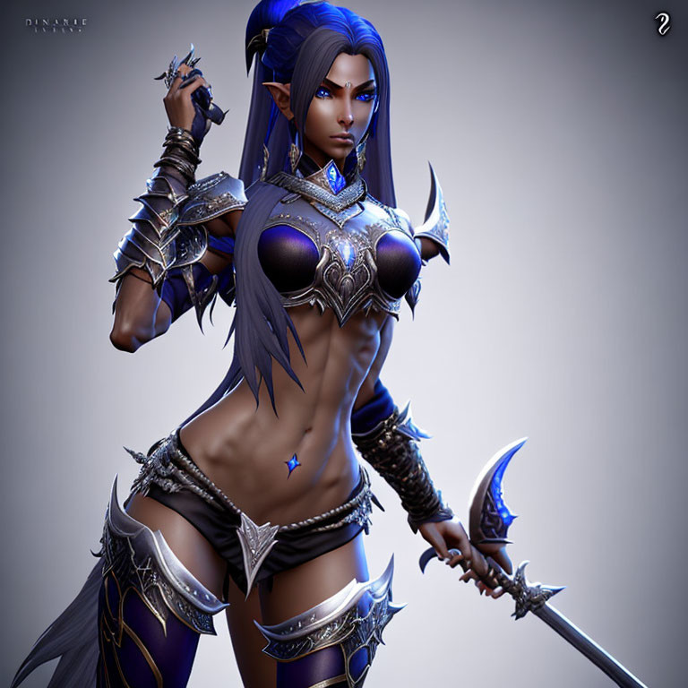 Fantasy female warrior with blue skin, purple eyes, white hair, dark armor, spiked mace