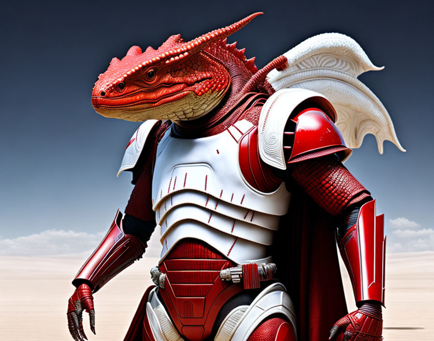 Red anthropomorphic lizard in futuristic armor against desert backdrop