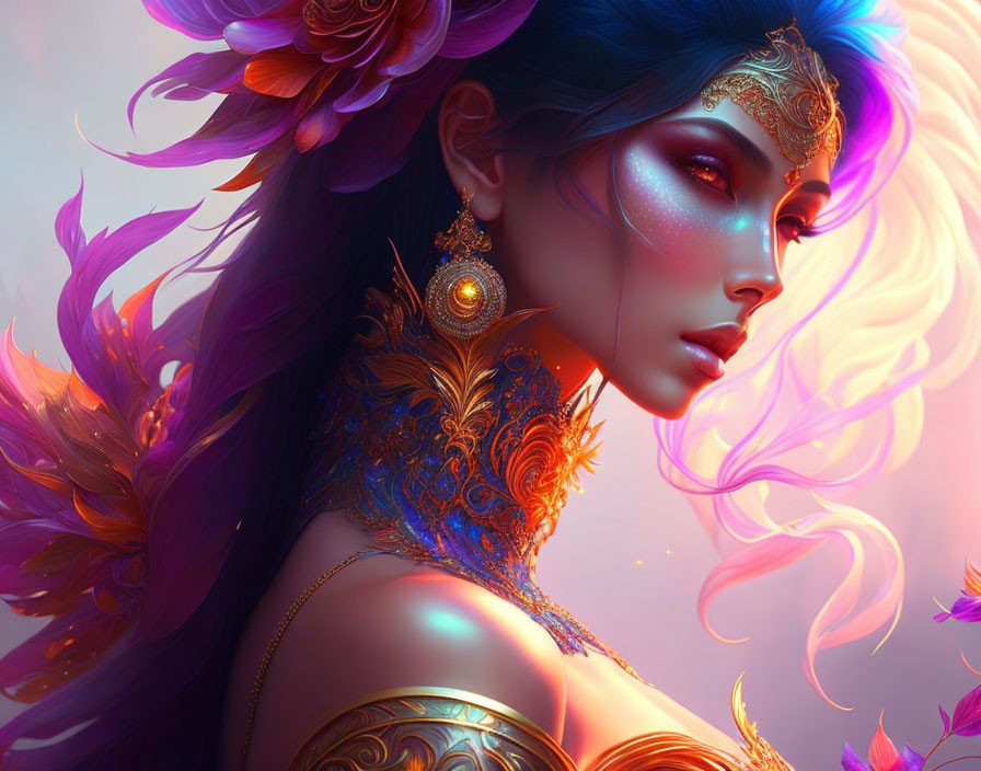 Vibrant fantasy illustration of woman with colorful feathers and gold jewelry