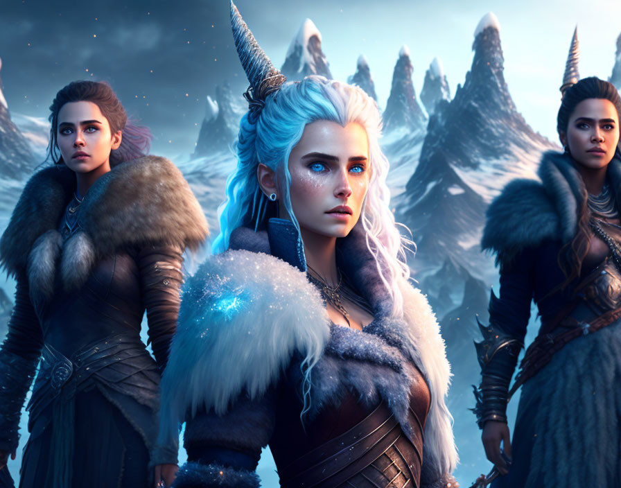 Three animated warrior characters with distinct hairstyles in snowy mountain landscape wearing fur-trimmed armor