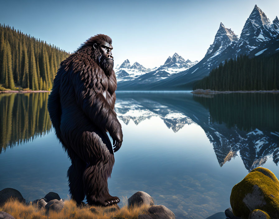 Furry ape-like creature by mountain lake with clear reflection