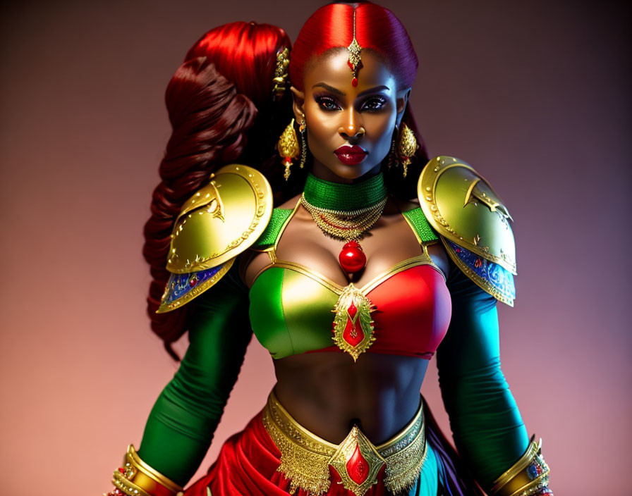 Fantasy armor woman in vibrant red and green with golden accents