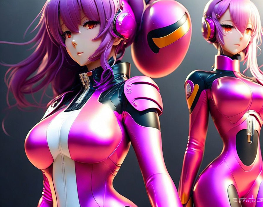 Stylized female characters with purple hair and futuristic pink bodysuits in high-tech setting with robot