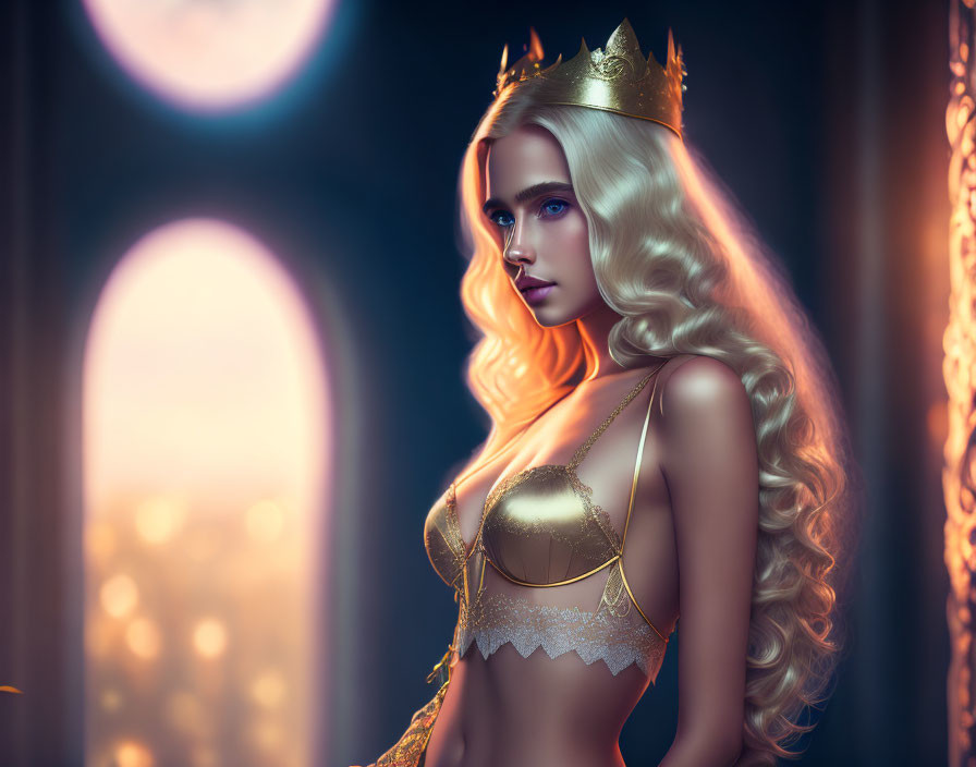 Regal woman with blond hair and golden crown in luxurious setting