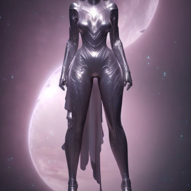 Sleek futuristic female armor on cosmic backdrop.