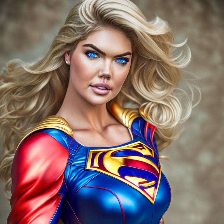 Blonde woman in Superwoman costume with 'S' shield.