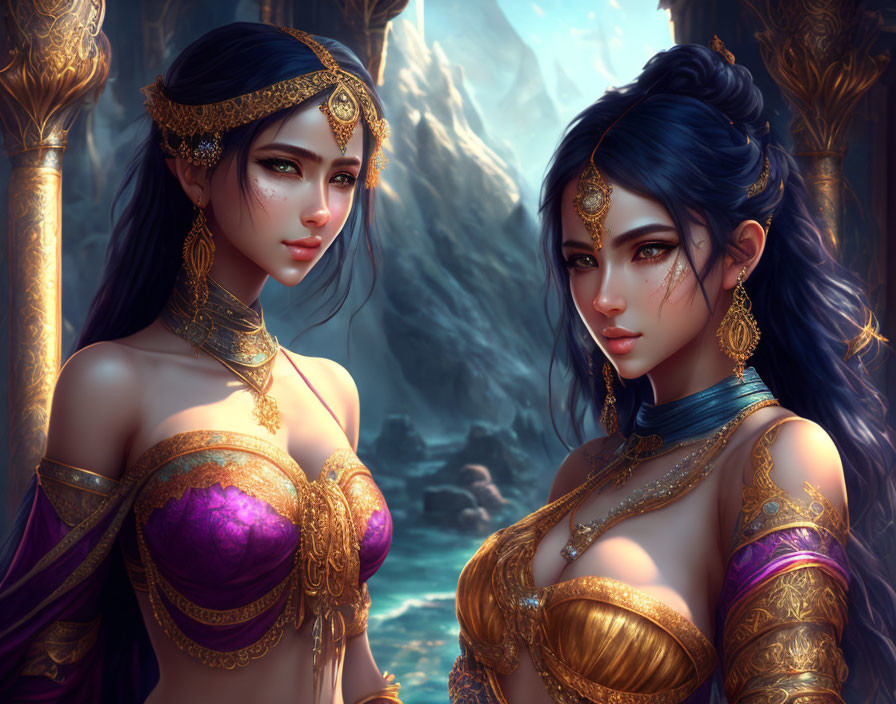 Two women in traditional attire with gold jewelry against snowy mountain backdrop