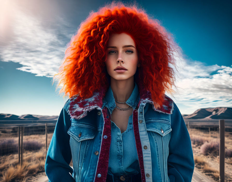 Vibrant red-haired woman in denim jacket standing in desert landscape