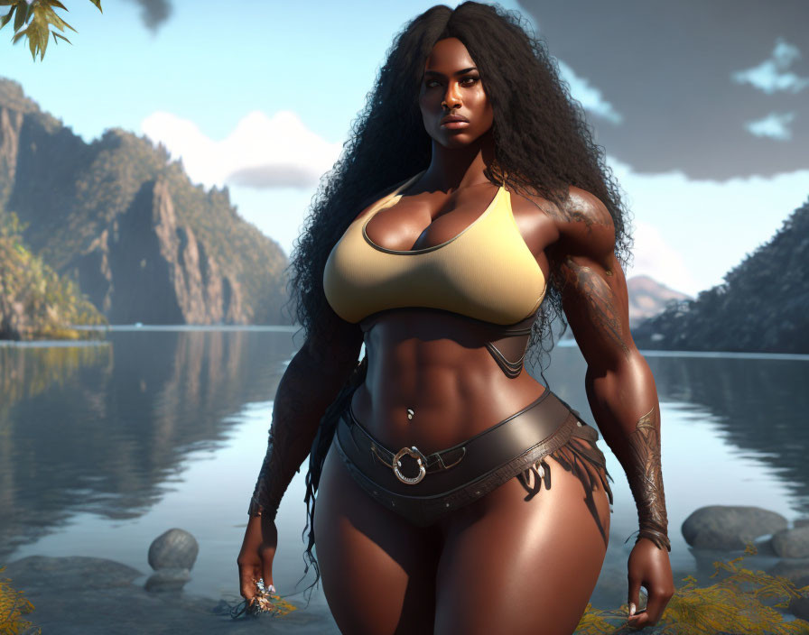 Muscular woman in yellow crop top by serene lake & mountains