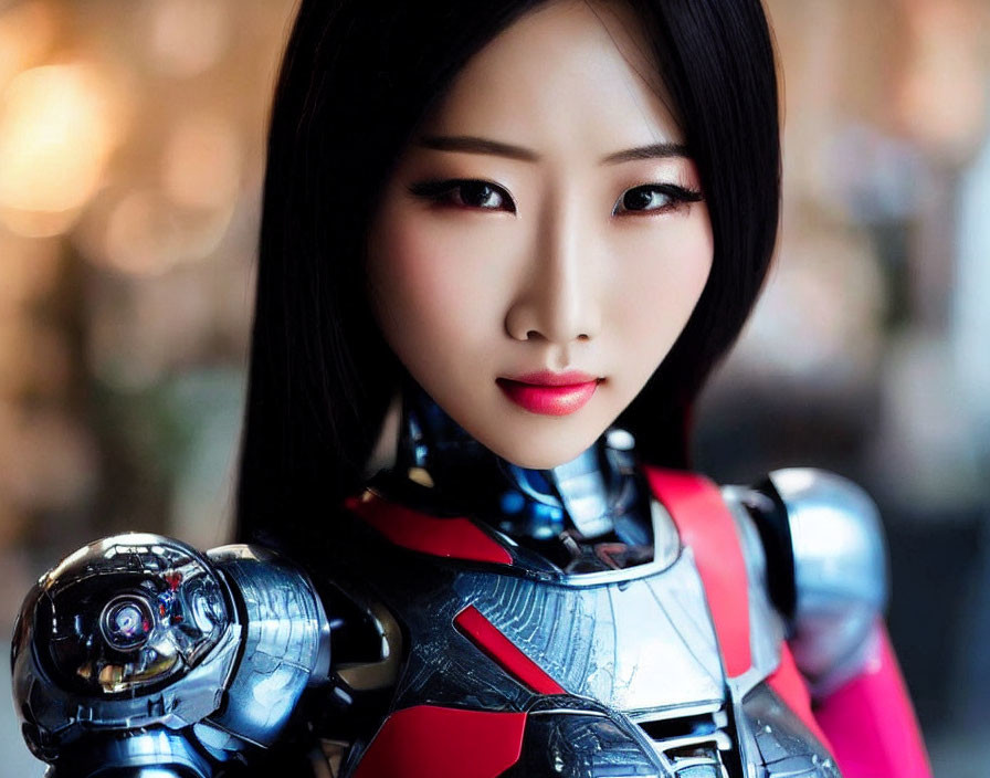 Realistic Female Android in Futuristic Red and Silver Armor