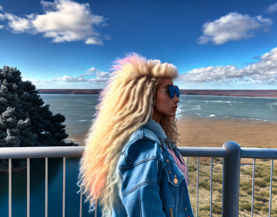 Blonde person with sunglasses overlooking serene water and sky