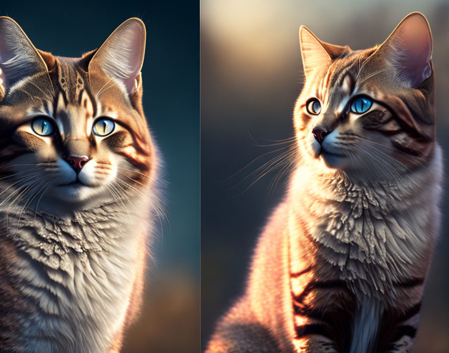 Tabby Cat with Striking Blue Eyes in Warm and Cool Lighting