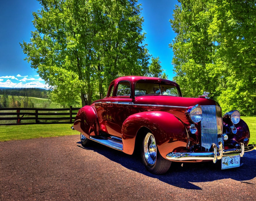 Vintage Red Car with Chrome Details Parked Among Green Trees