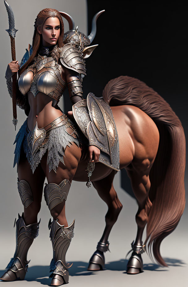 Centaur Woman in Ornate Armor Holding Spear