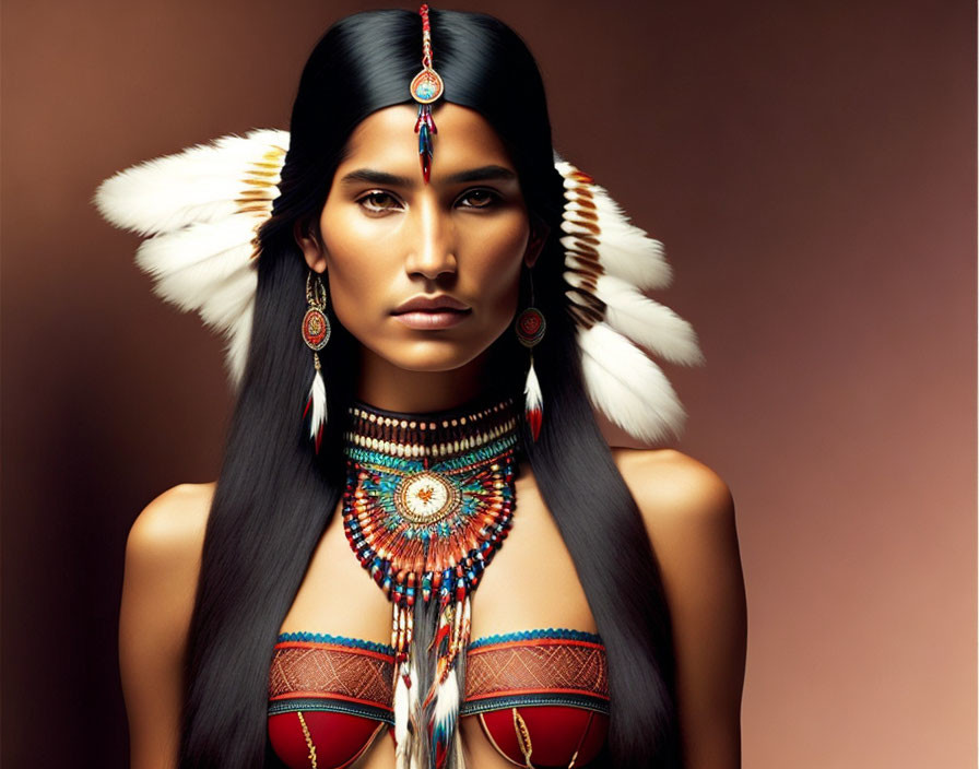 Native American-inspired headdress and jewelry portrait against brown background