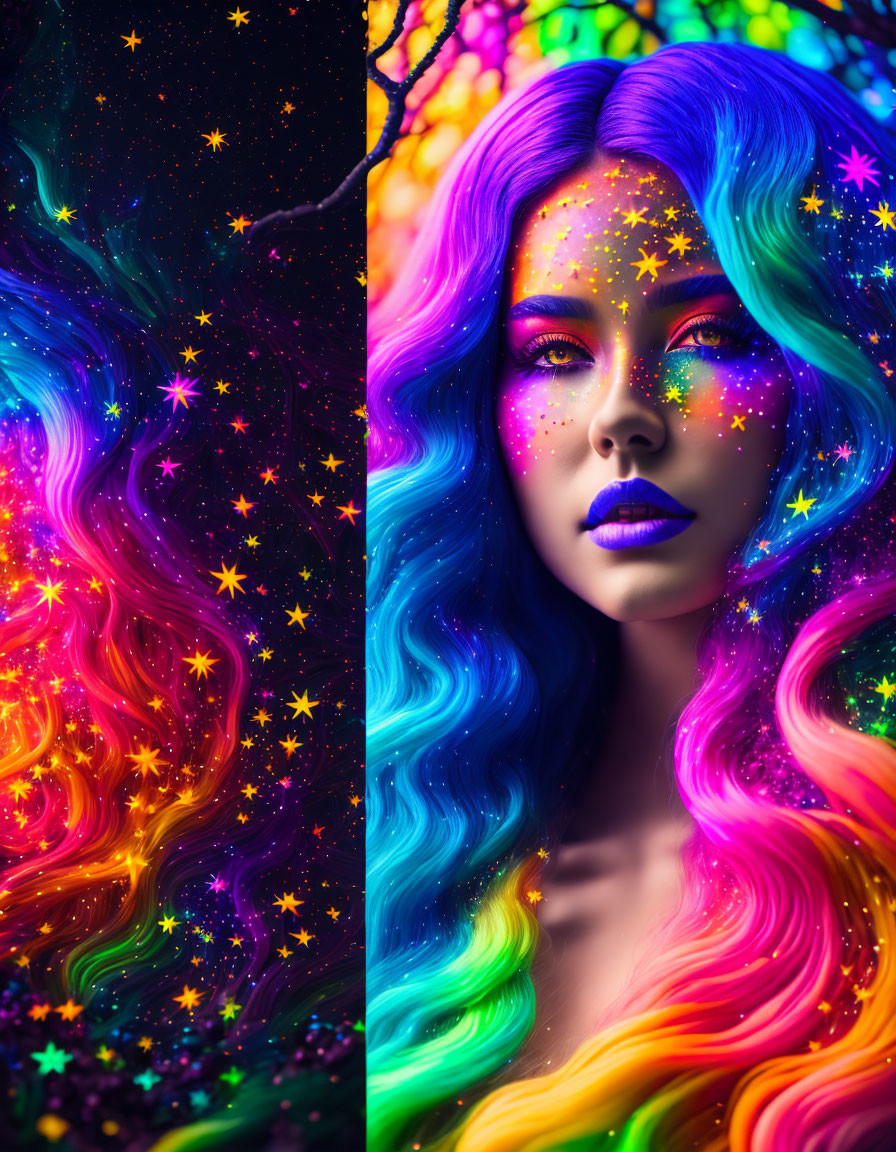 Colorful portrait of a woman with wavy hair in cosmic background