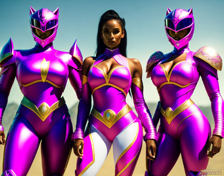 Three women in pink and purple futuristic armor against blue sky