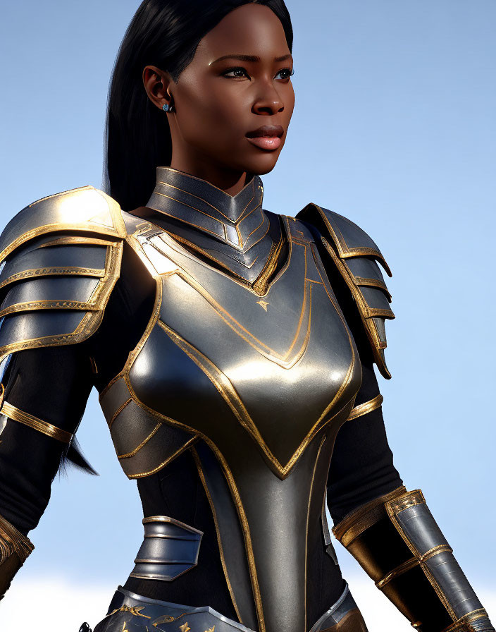 Futuristic digital artwork of confident woman in black and gold armor suit